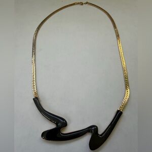Vintage 80s Gold Disco Black Enamel Zig Zag Wave Herringbone Necklace